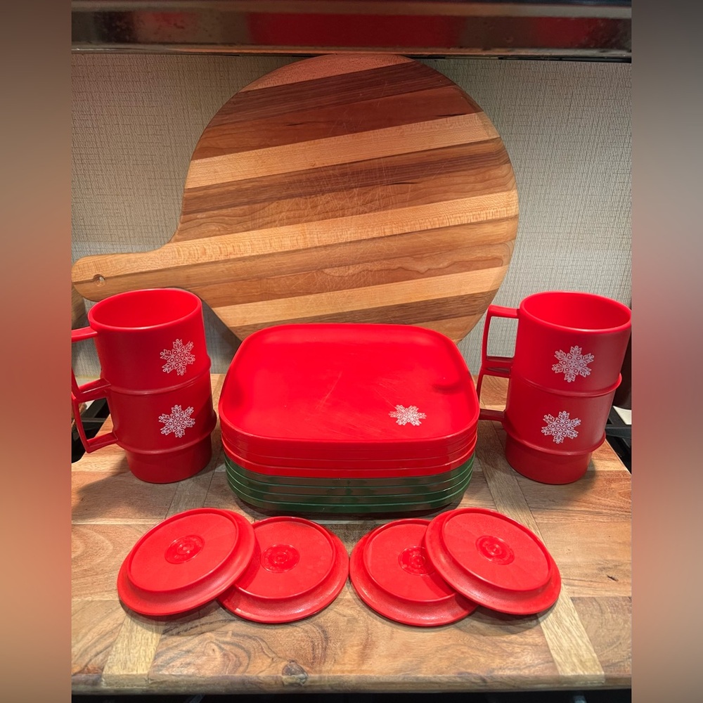 Vintage Tupperware plates cups lids red green retro